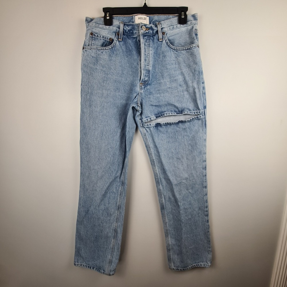 AGOLDE Lana Slice Midrise Straight Jeans Clash Blue Women 29 X 28 Button Fly‎
